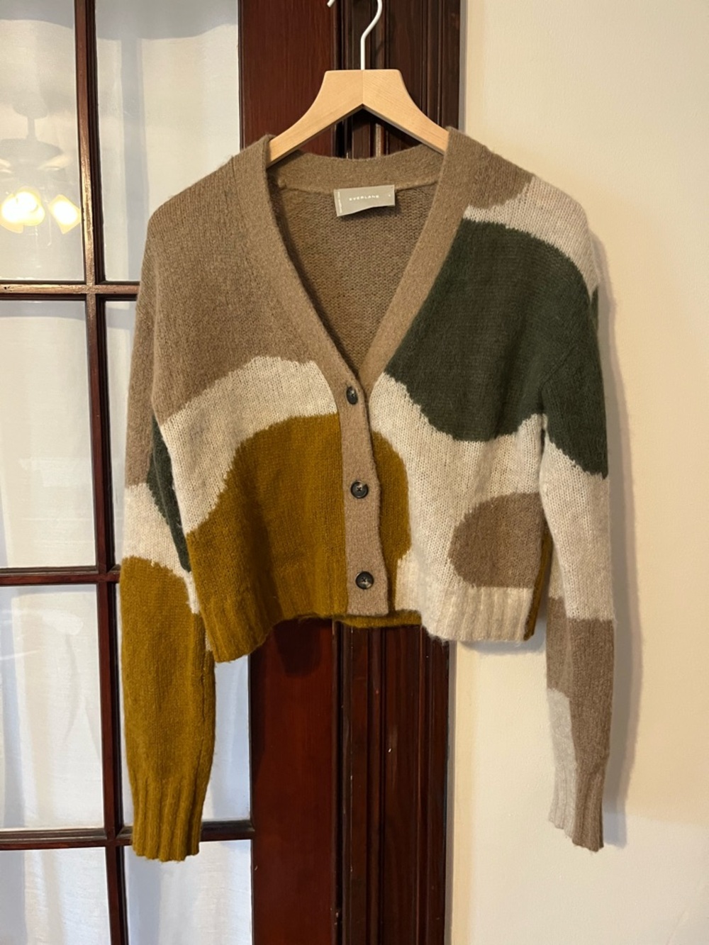 Everlane Colorblock Alpaca/Wool V-Neck Cardigan - Green/Tan/Brown - Small